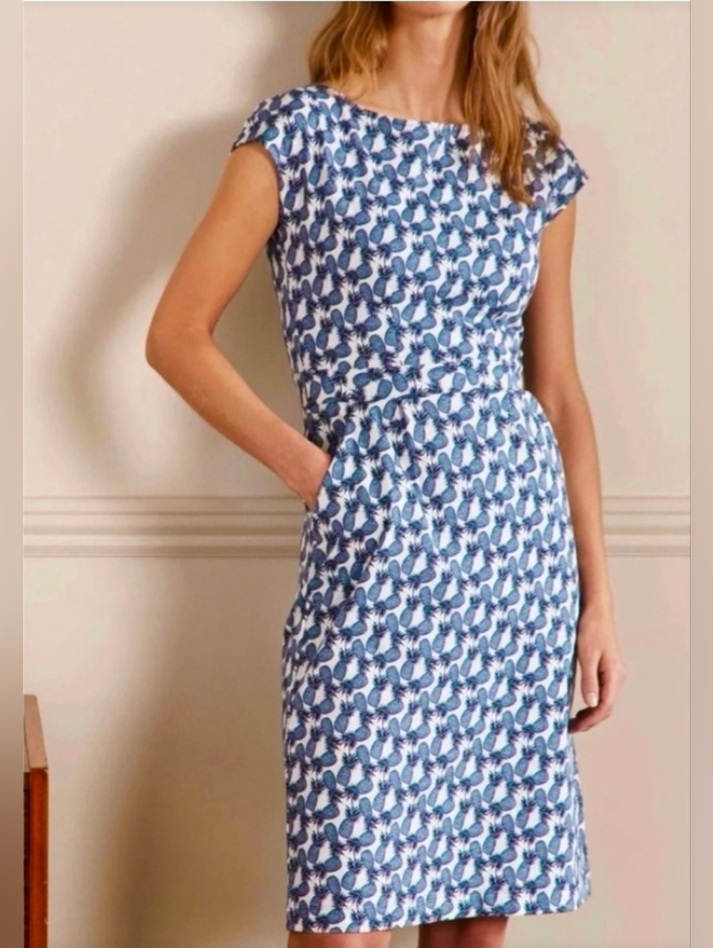 Boden Blue Pineapple Print Cap-Sleeve Jersey Dress - Size 16/18L